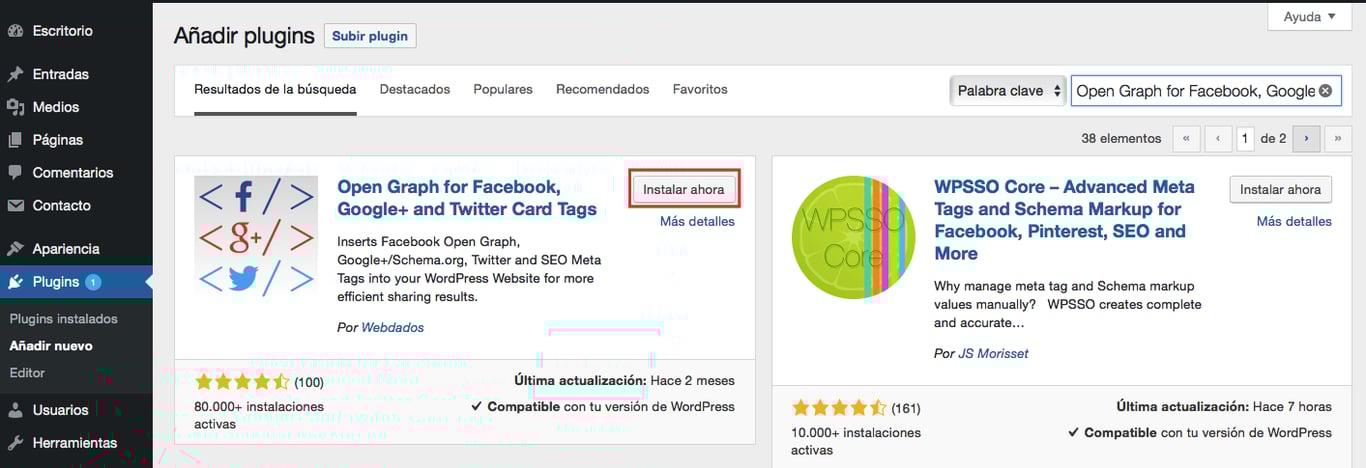 Instalación del plugin Open Graphs.