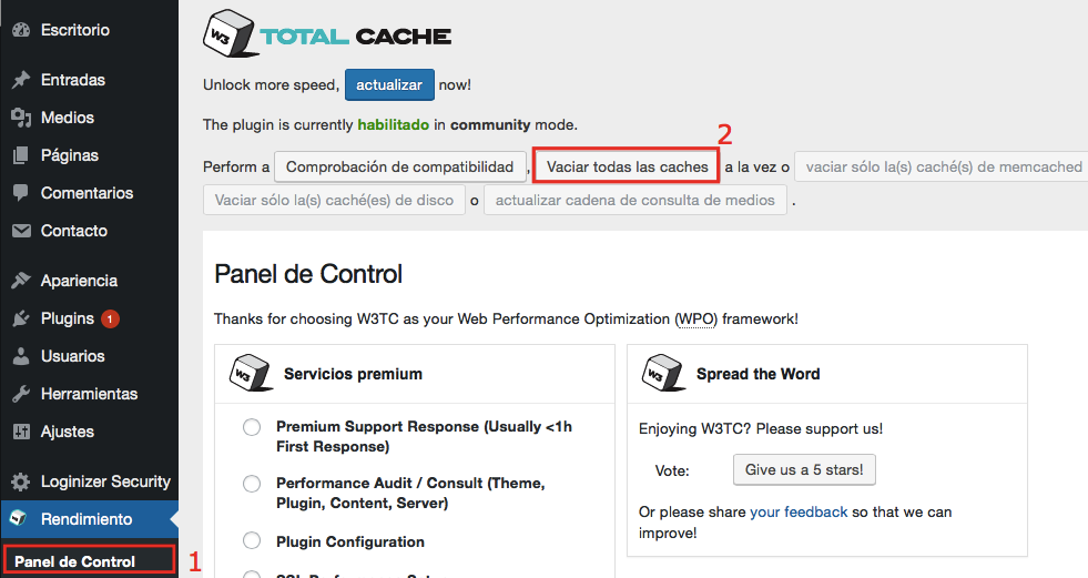 Borrar tu caché usando W3 Total Cache.