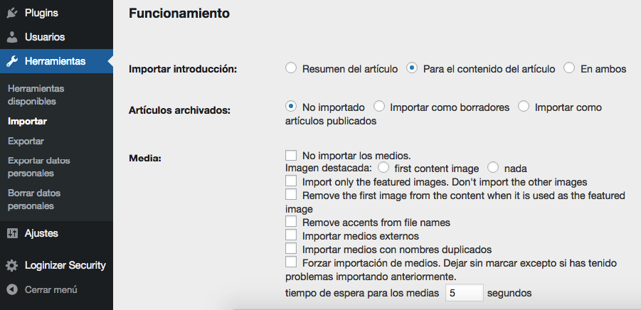 Configurando tus configuraciones de importaci&oacute;n de medios.