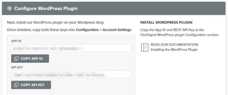 Tu APP ID y API KEY de OneSignal.