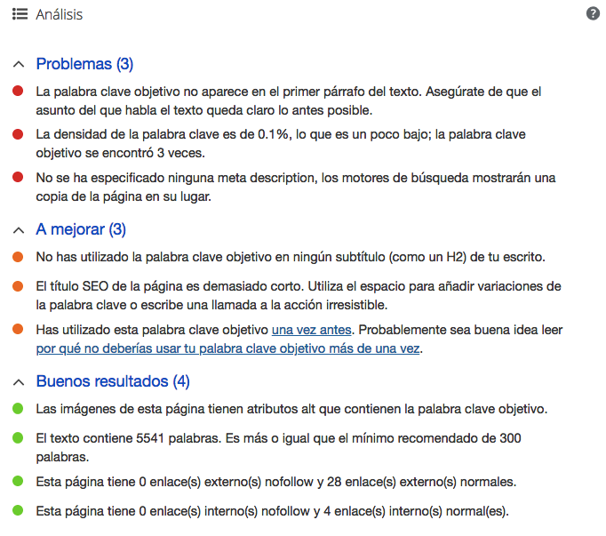 El an&aacute;lisis del desempe&ntilde;o SEO de la p&aacute;gina en Yoast