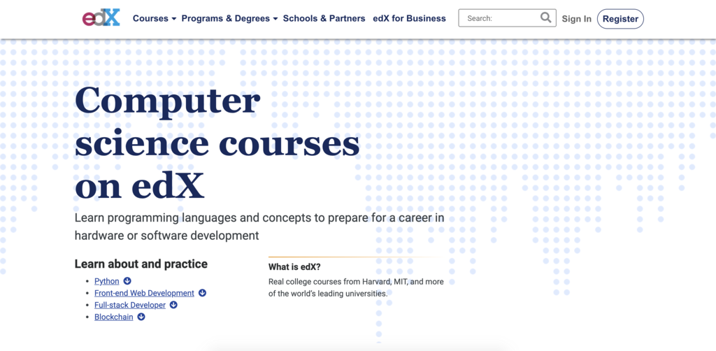 Imagen de la p&aacute;gina de cursos de computer science de edX