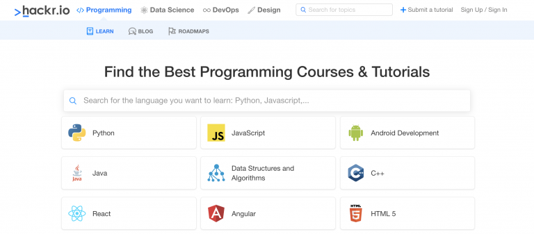 P&aacute;gina de inicio de Hackr.io