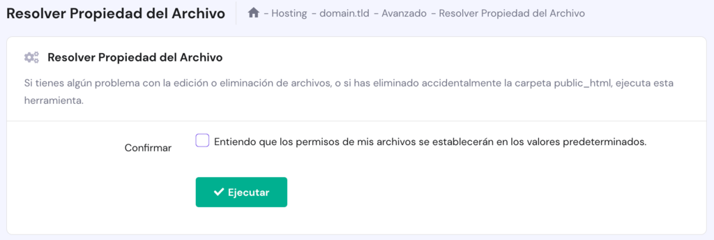 La p&aacute;gina para fijar la propiedad de los archivos en hPanel