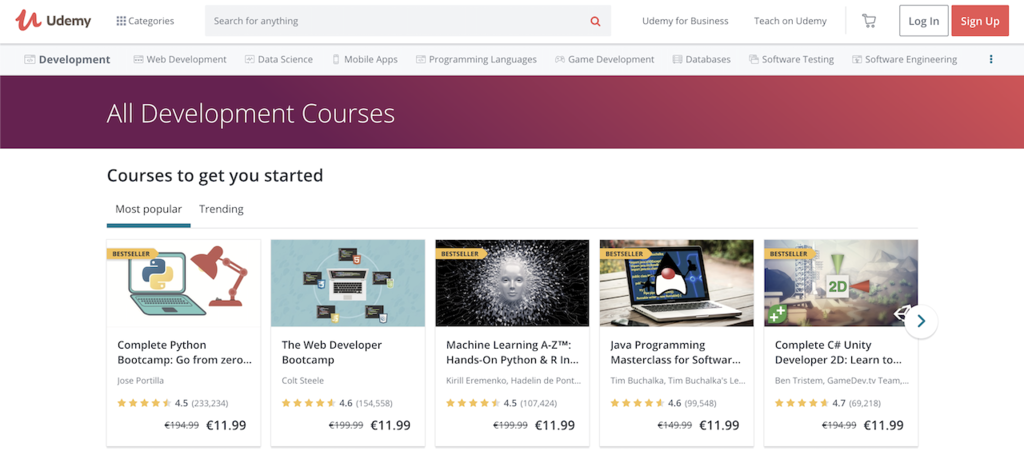 Imagen del sitio web Udemy para aprender a programar