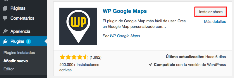 Instalación del plugin WP Google Maps.