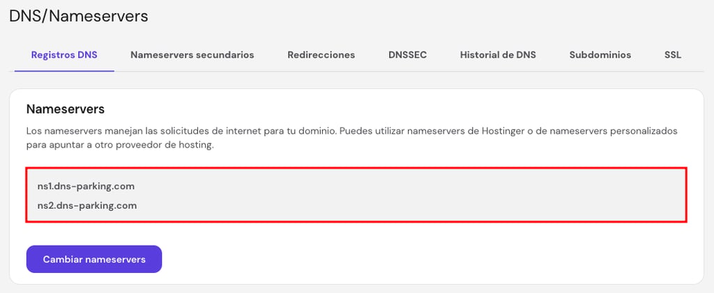Valores de los nameservers de Hostinger en hPanel
