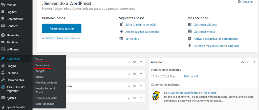 Secci&oacute;n Personalizar en Apariencia de WordPress