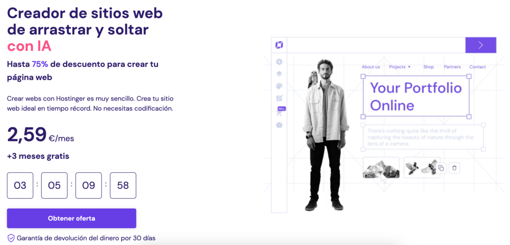 La página de inicio del Website Builder en Hostinger