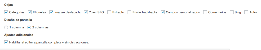 Opciones de pantalla del editor de WordPress.