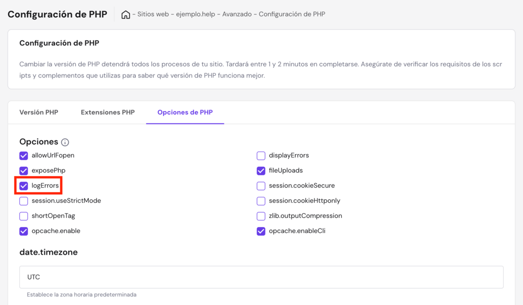 Configuraci&oacute;n de PHP en hPanel
