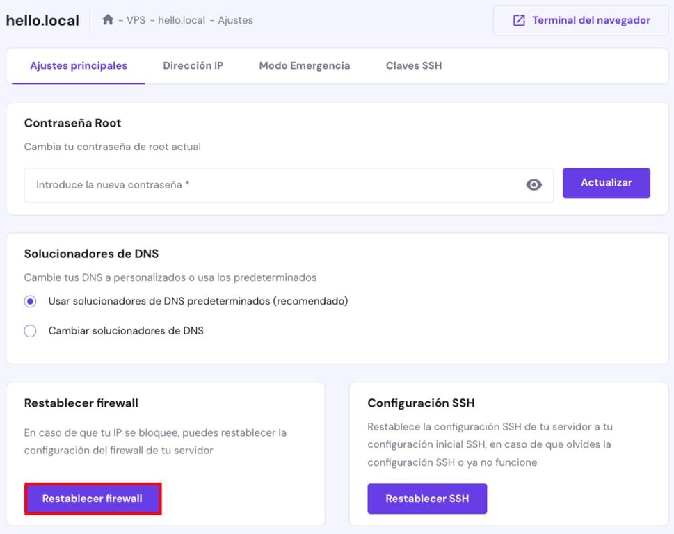 El botón de reinicio del cortafuegos en hPanel