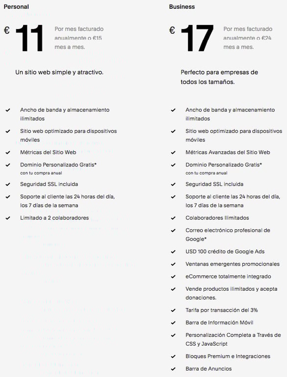 precios de squarespace