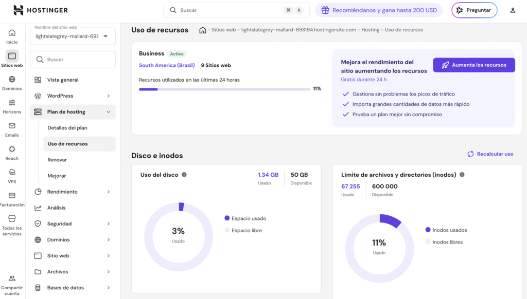 Uso de recursos de hPanel