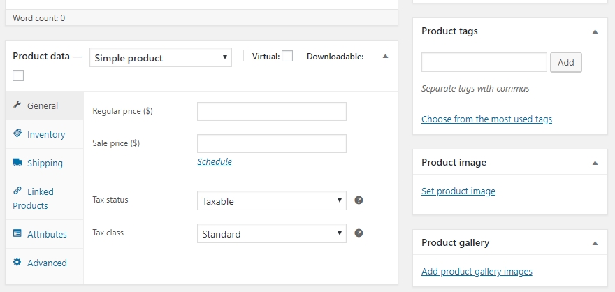 El editor de productos de WooCommerce.