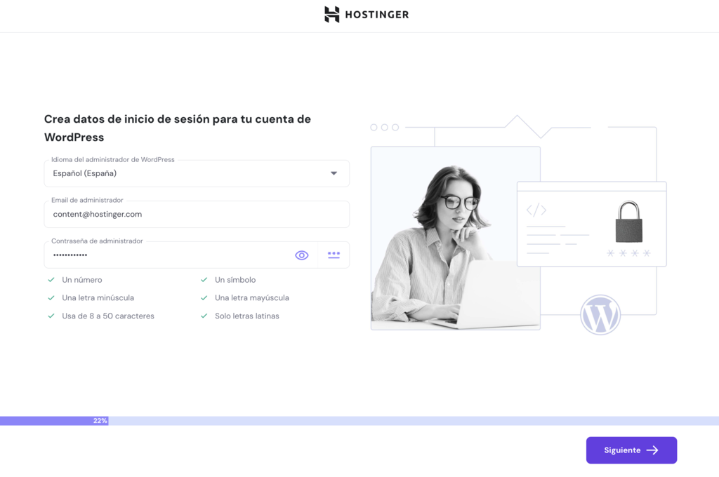 Crear datos de login en WordPress en Hostinger