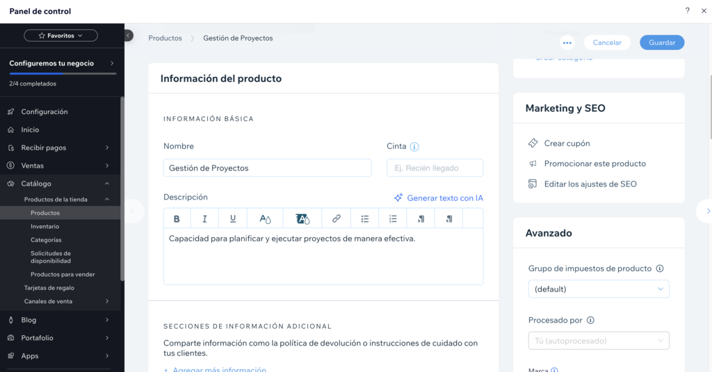 Detalles de productos en Wix