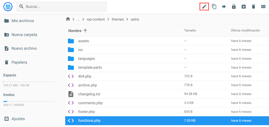 El ícono Editar en la barra de menú del archivo functions.php de un tema