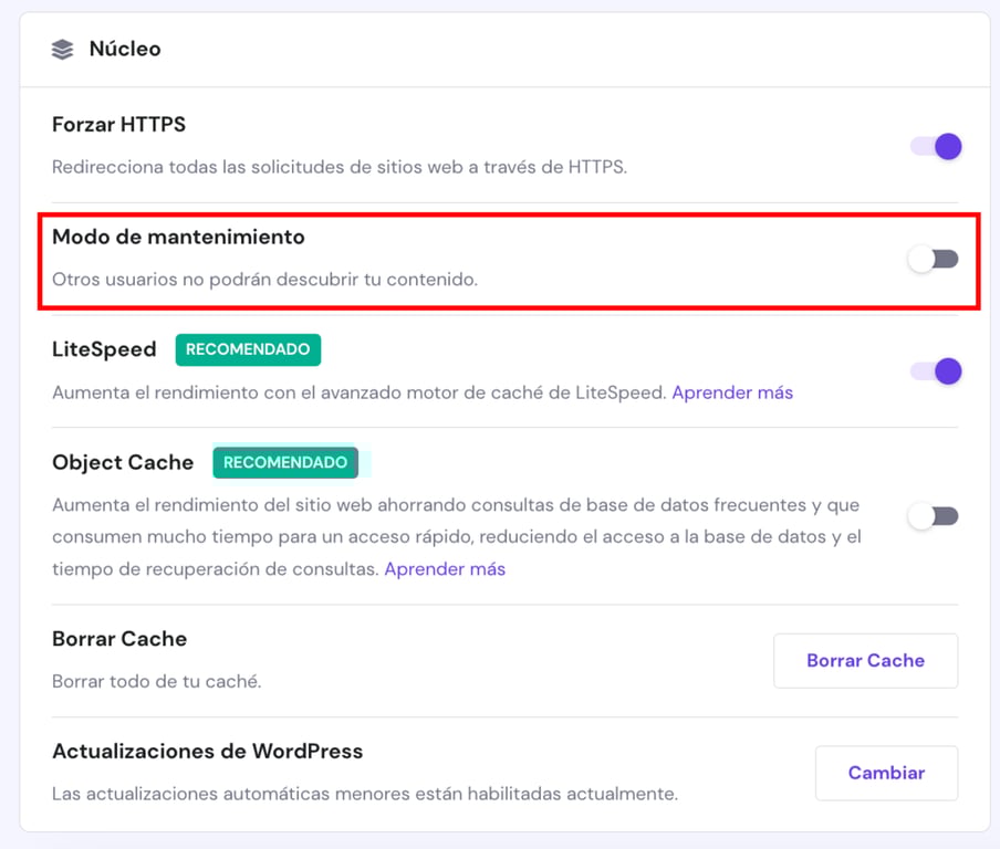 Página general de WordPress en hPanel. El botón para el modo de mantenimiento está resaltado