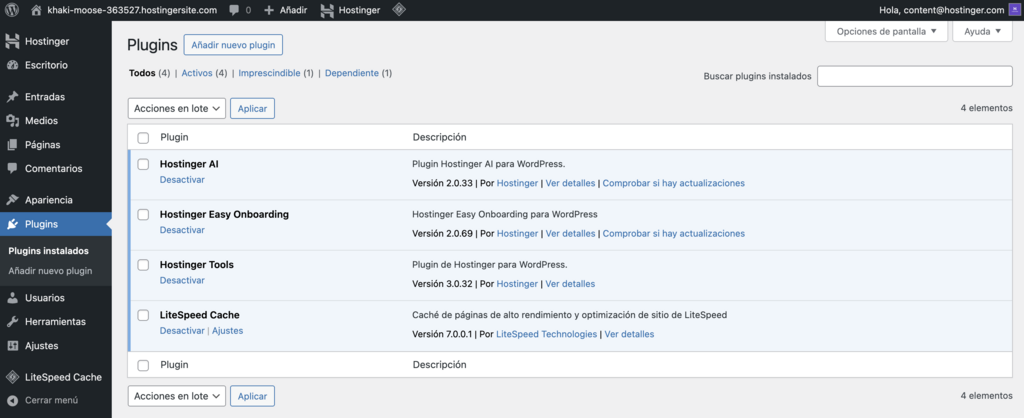 Secci&oacute;n de plugins de WordPress