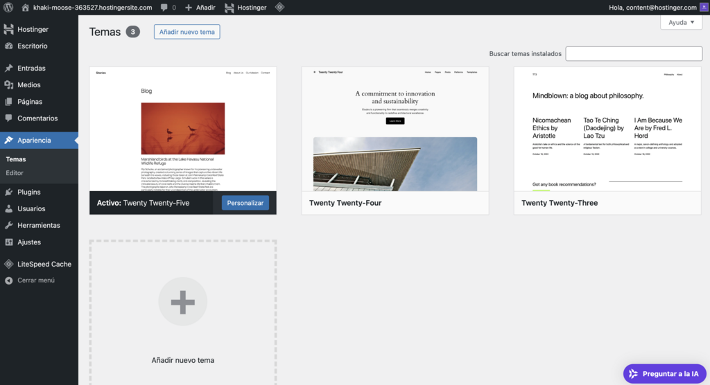Secci&oacute;n de temas en WP