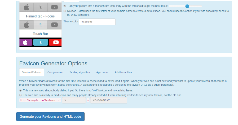 Opciones de Favicon Generator, generar un favicon WordPress.