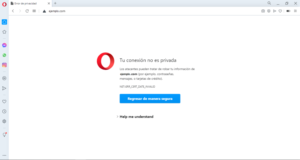 Captura de pantalla mostrando el error 'La conexión no es privada' en Opera