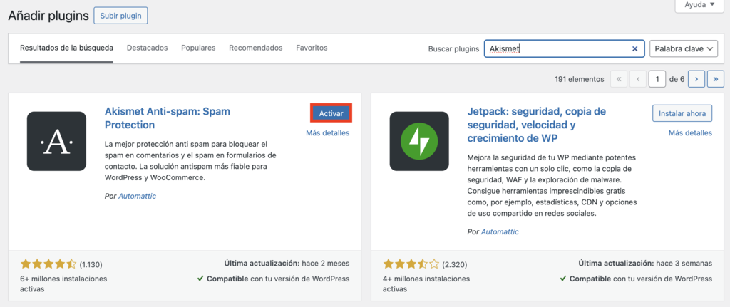 Secci&oacute;n de a&ntilde;adir plugins en WordPress