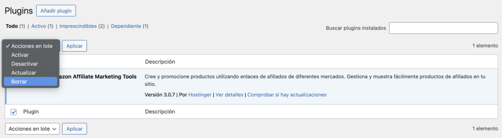 Opci&oacute;n borrar plugin en WordPress