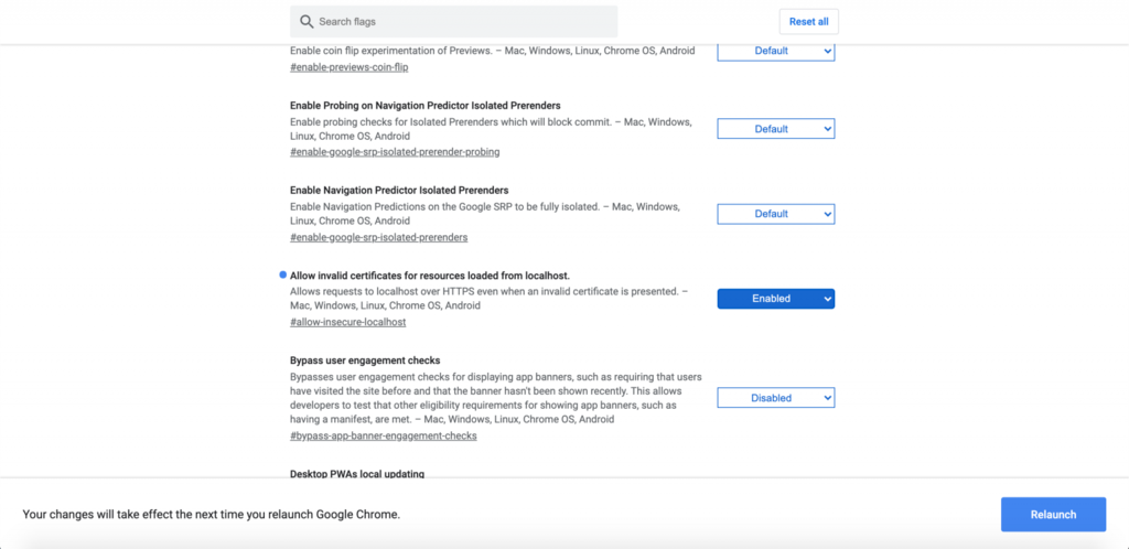 Función "Permitir certificados no válidos para recursos cargados desde localhost" habilitada en Google Chrome.