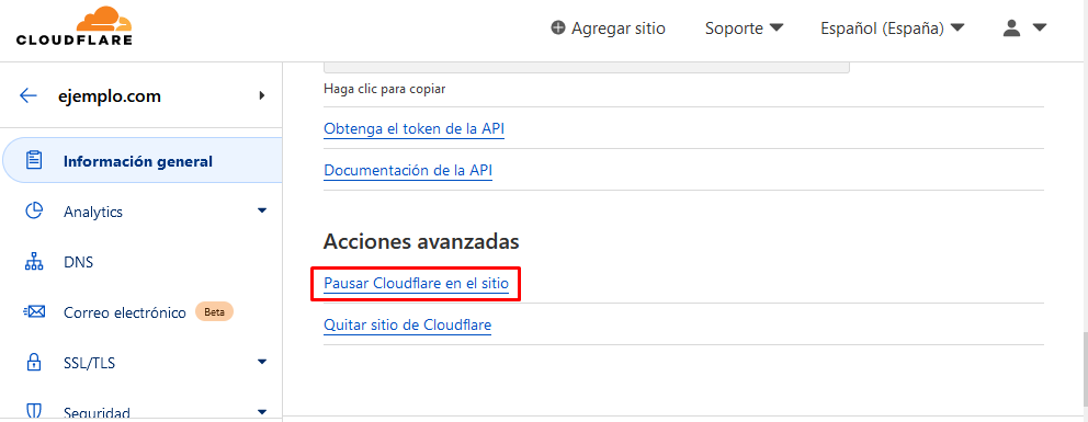 Pausar Cloudflare en el sitio