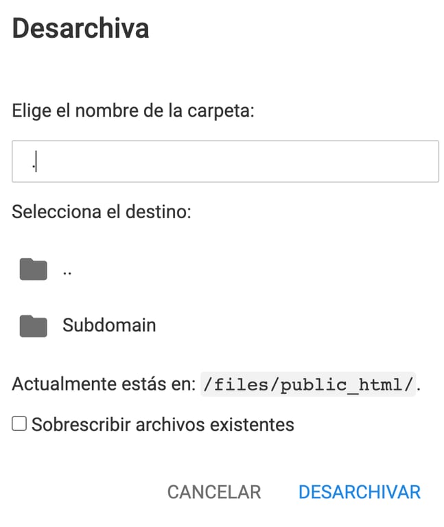 El proceso de extracci&oacute;n de archivos de instalaci&oacute;n de Joomla en Hostinger administrador de archivos