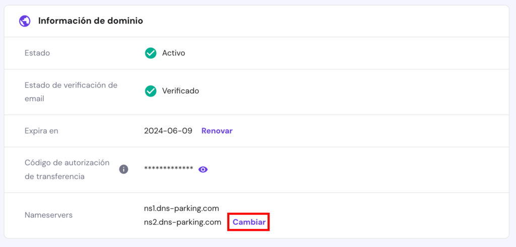 P&aacute;gina de dominios en hPanel con informaci&oacute;n de un dominio