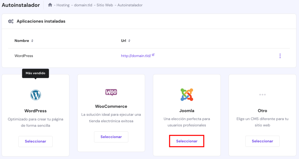 El instalador autom&aacute;tico en hPanel con Joomla seleccionado
