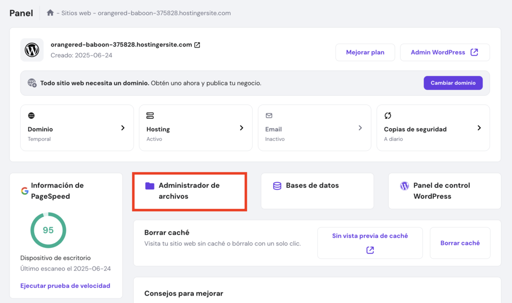 Panel de control de hPanel