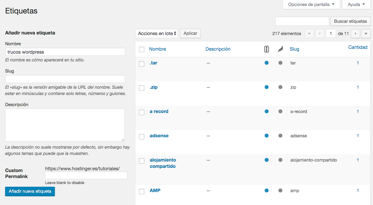 A&ntilde;adir etiquetas de WordPress para la publicaci&oacute;n existente
