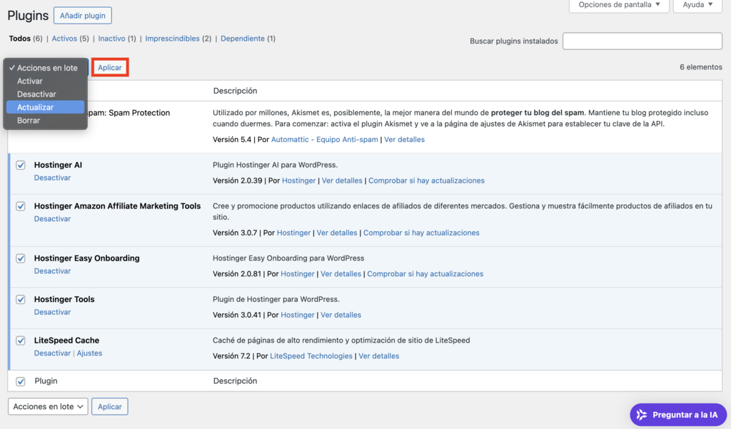 Secci&oacute;n de plugins en WordPress