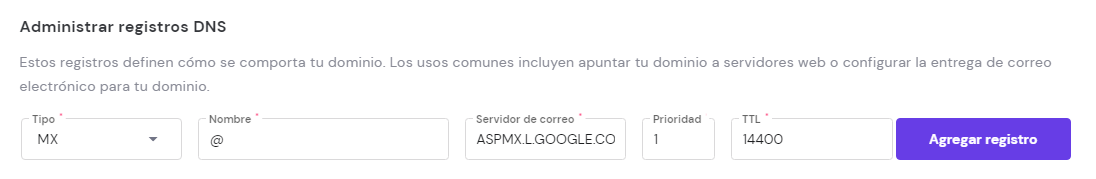 Agregar registros MX en la secci&oacute;n de Administrar registros DNS