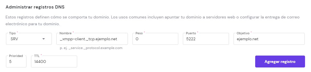 Agregar un registro SRV en el hPanel
