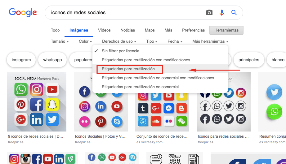 Imagen de b&uacute;squeda de Google filtrada con etiquetado para reutilizar los derechos de uso.