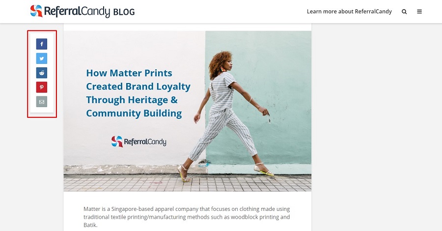 Barra lateral de para redes sociales del blog Referral Candy.