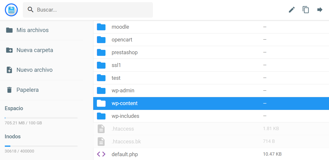 el archivo wp-content en la carpeta public_html