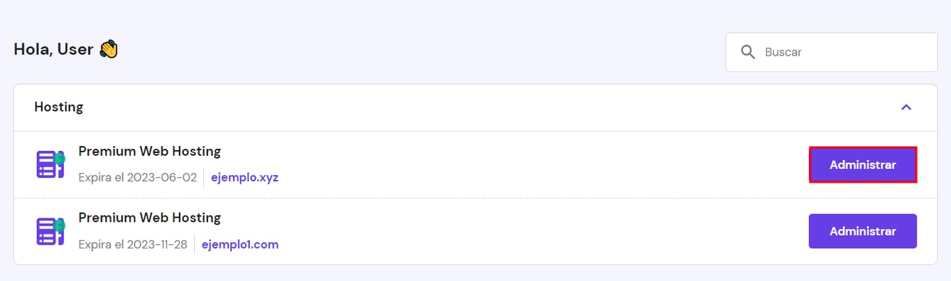 el bot&oacute;n Administrar en el panel de Hosting de hPanel