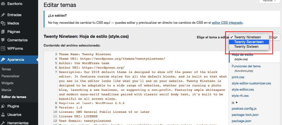 Men&uacute; desplegable para seleccionar temas en el editor de plantillas de WordPress