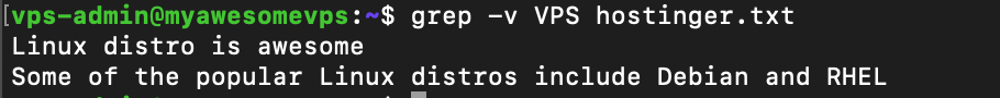 Uso del comando grep -v VPS hostinger.txt