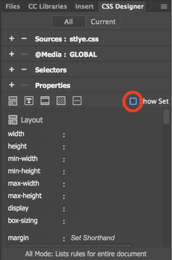 Desmarcando el conjunto de programas para desbloquear propiedades CSS