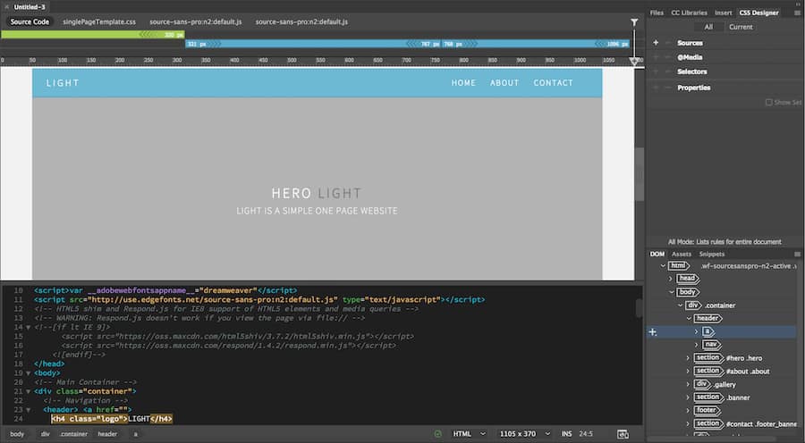 Sitio de una página en el espacio de trabajo de Dreamweaver
