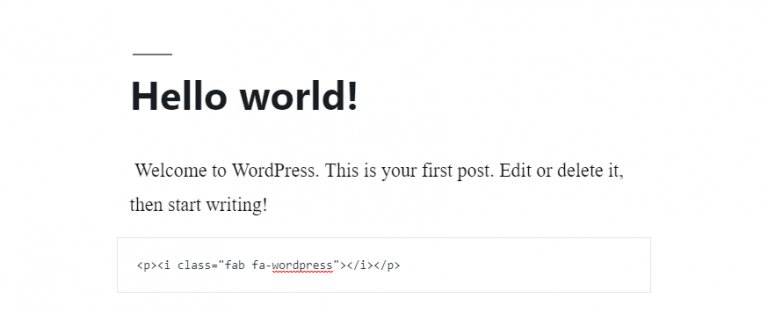 La vista previa del icono de WordPress de Font Awesome en la publicaci&oacute;n de WP