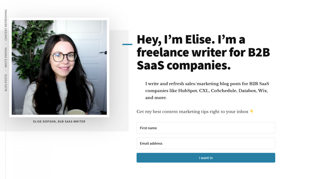 P&aacute;gina de Inicio del sitio web de Elise Dopson, escritora freelance