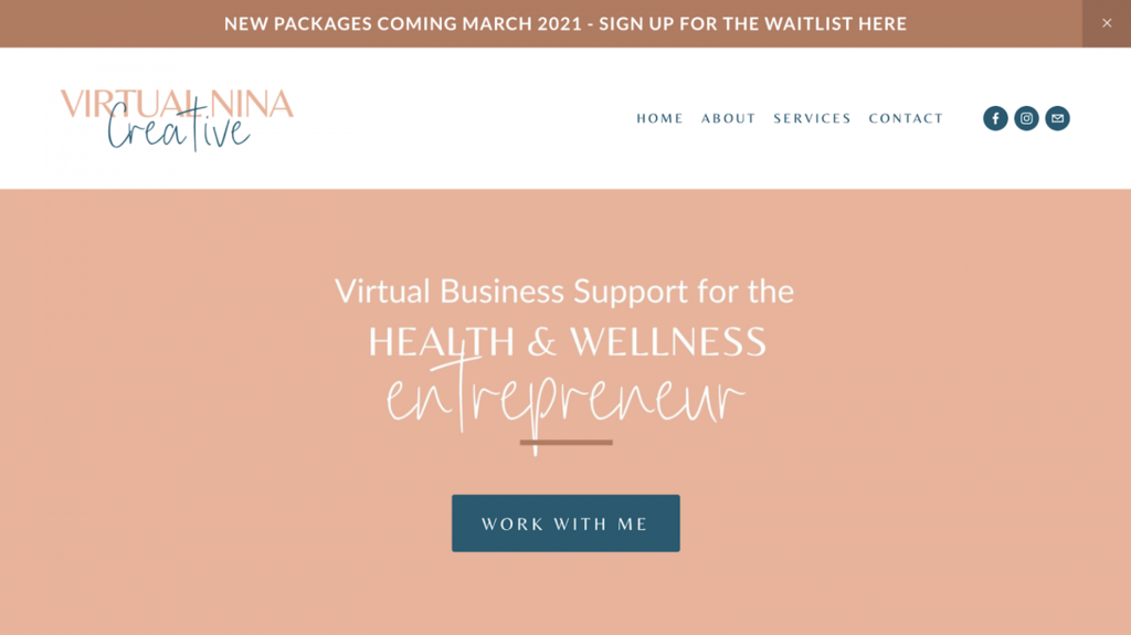Homepage de Virtual Nina Creative, negocio online de asistencia virtual